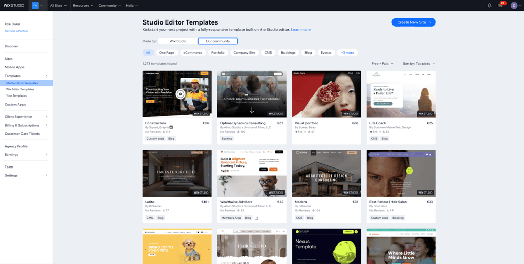 Wix Studio available templates