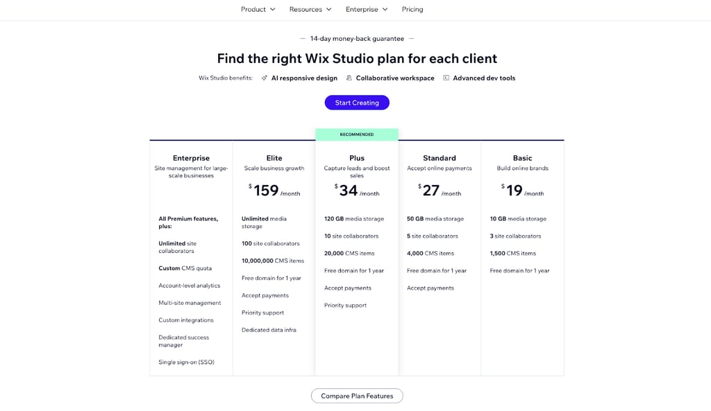Wix Studio pricing page screenshot