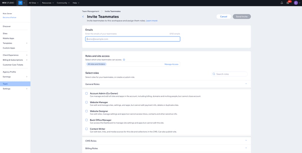 Wix Studio team and collaboration features