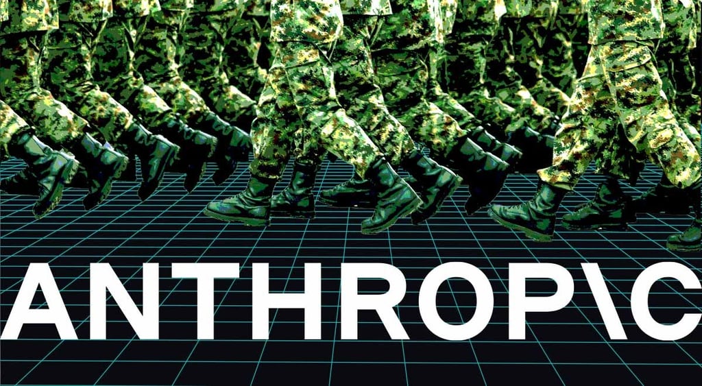 Soldiers marching on the black background, the logo of Anthropic