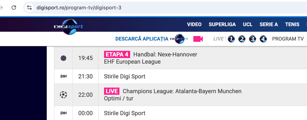 Atalanta vs Bayern (Champions League), Digi Sport 3
