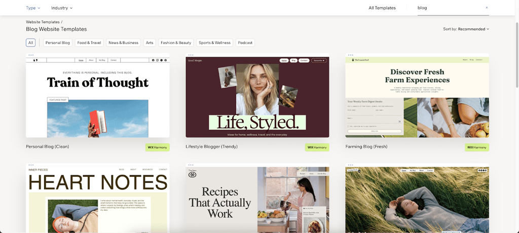 Various blog website templates available on Wix templates page