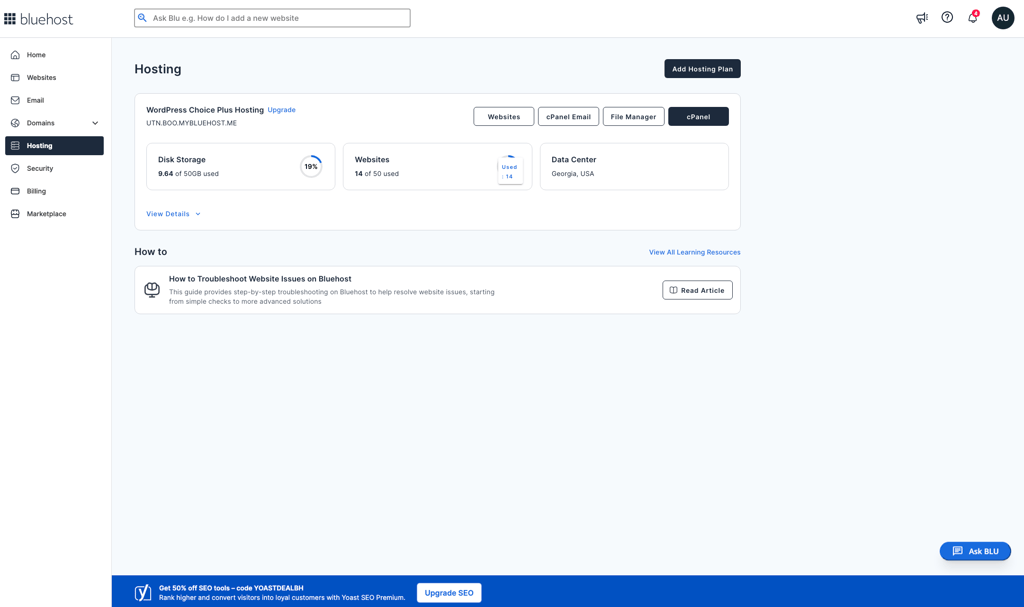 Bluehost control panel Hosting page