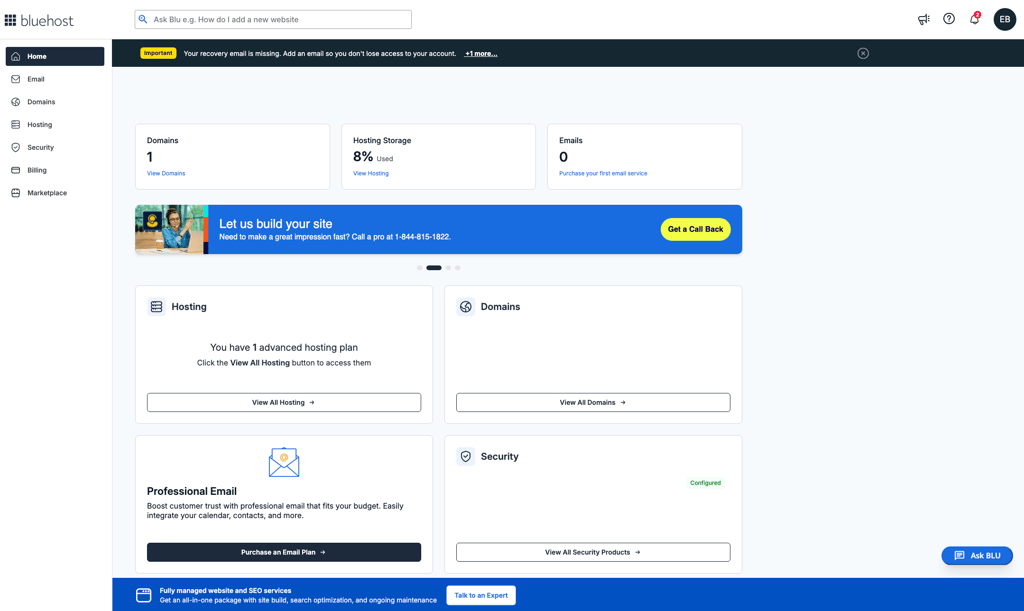 Bluehost homepage view