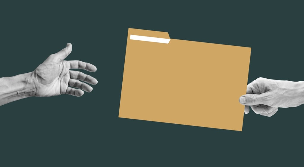 two grey hands, left and right, dark forest green image, right had passes brown folder