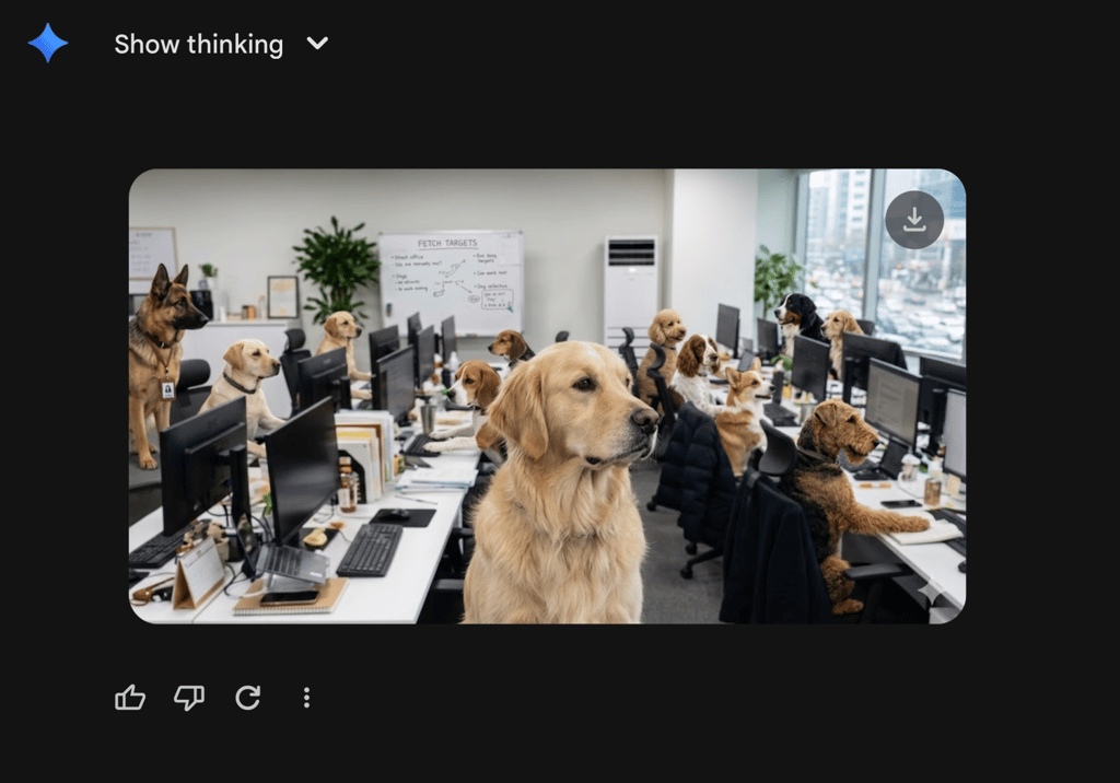 Nano Banana 2 successfully replaced all humans in the image with dogs