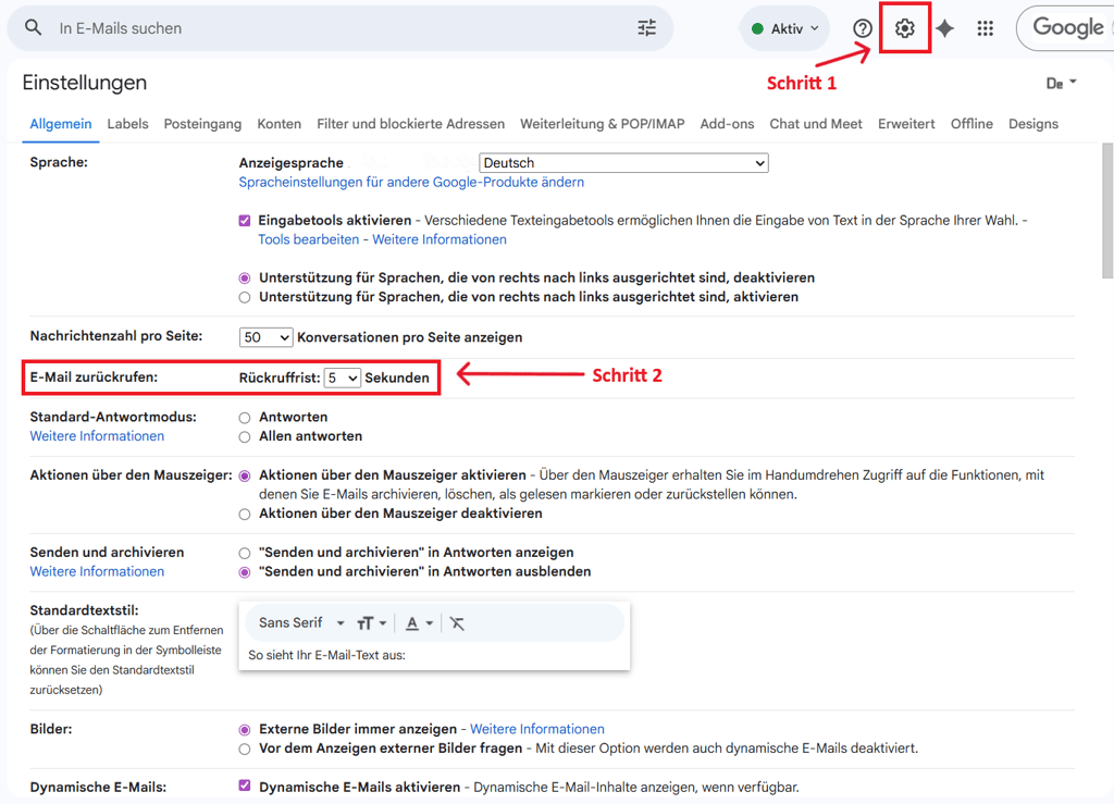 E-mail zurückholen Einstellungen bei Gmail