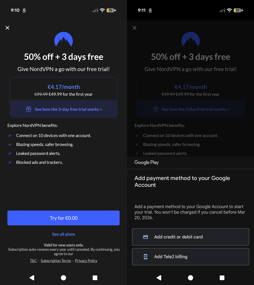 Getting a NordVPN free trial on Android