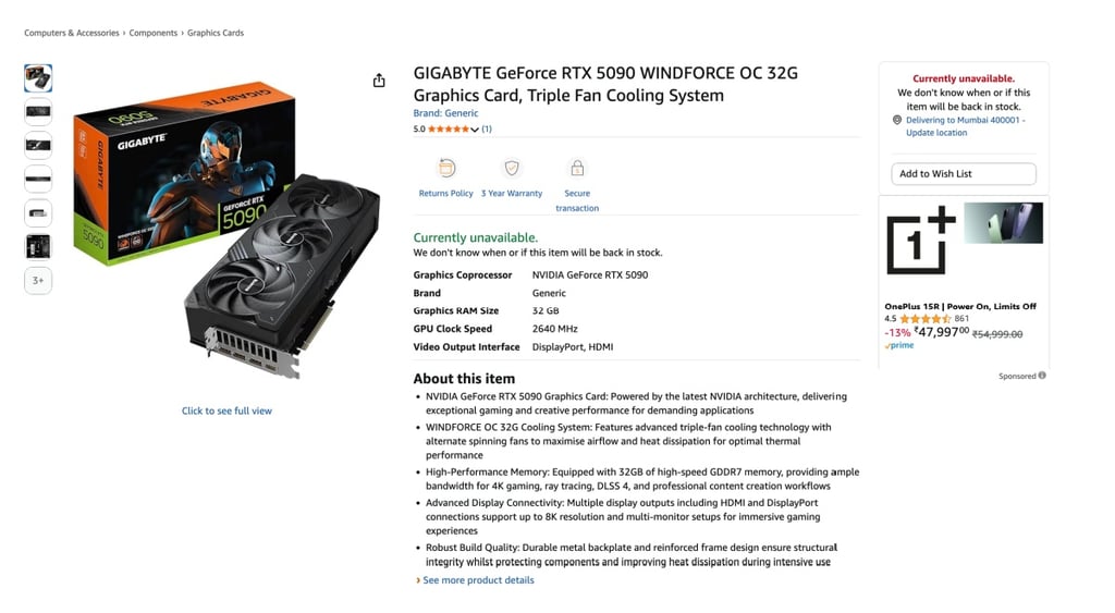 Gigabyte graphics card listing on Amazon
