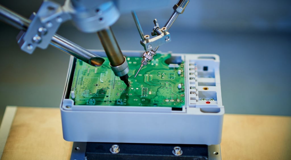 green memory chip being built by two robot arms, on brown desk