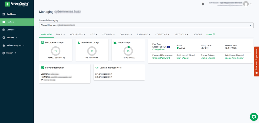 greengeeks hosting management dashboard