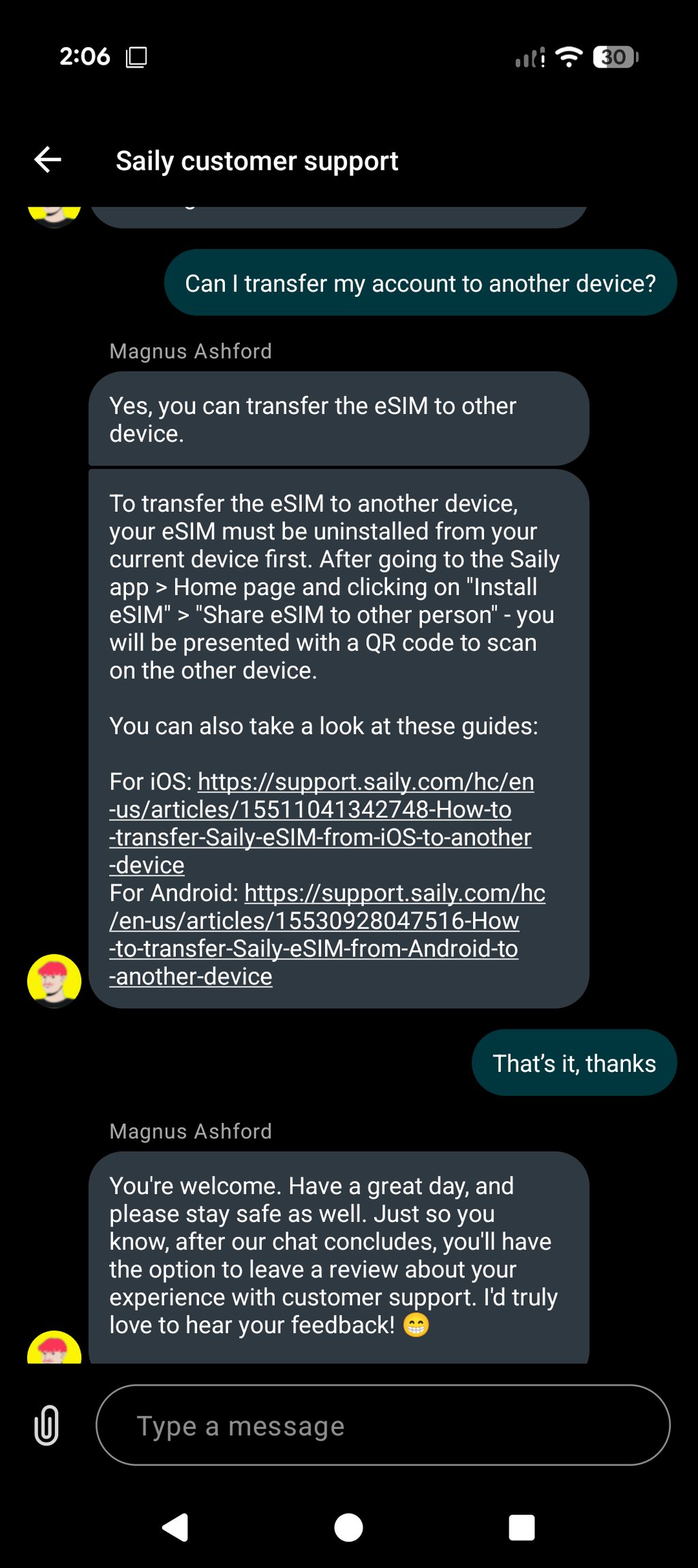 Saily sustomer support