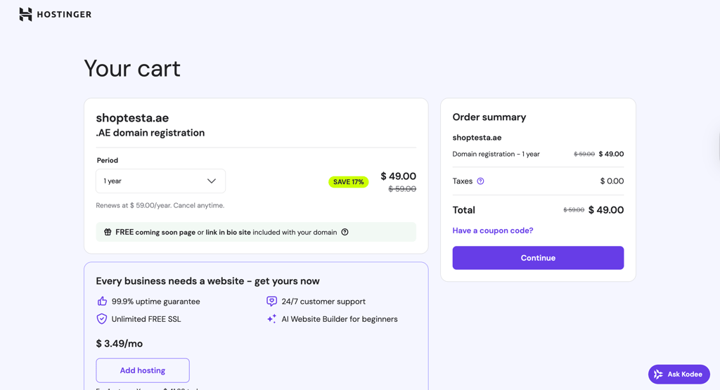 hostinger domain purchase