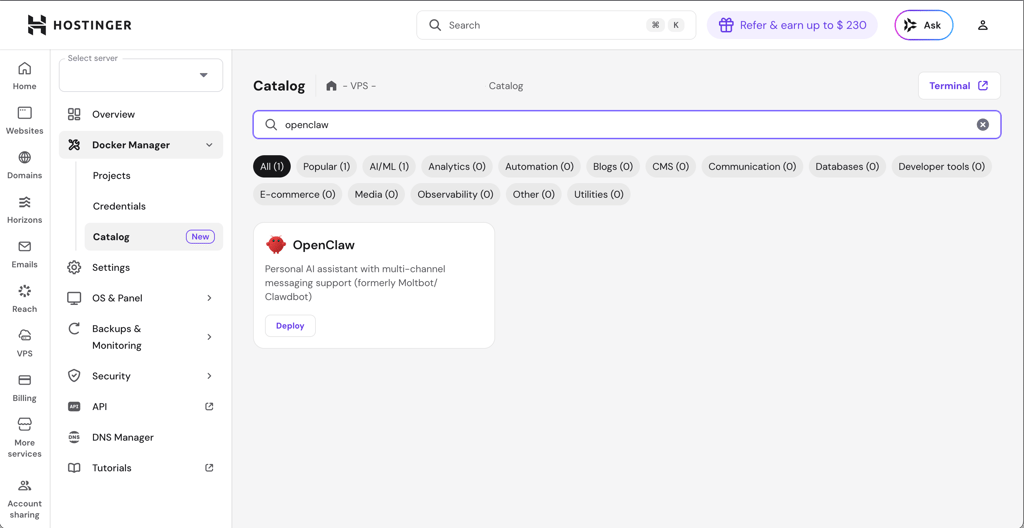 hostinger openclaw deploy