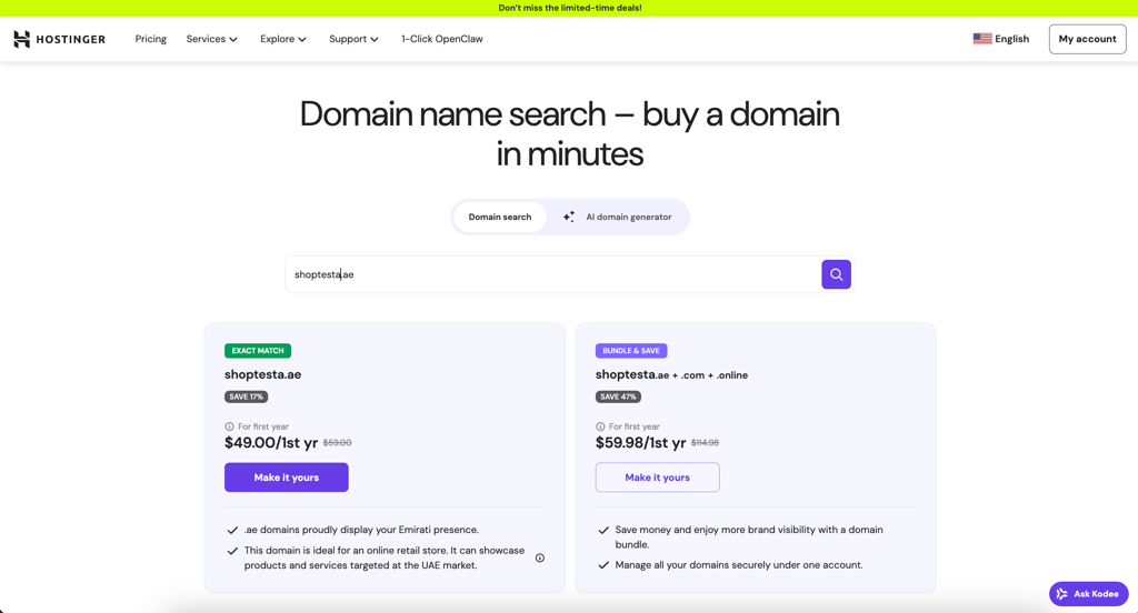 hostinger domain .ae plans