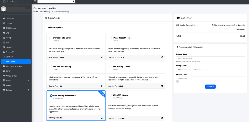 interserver web hosting plans dashboard