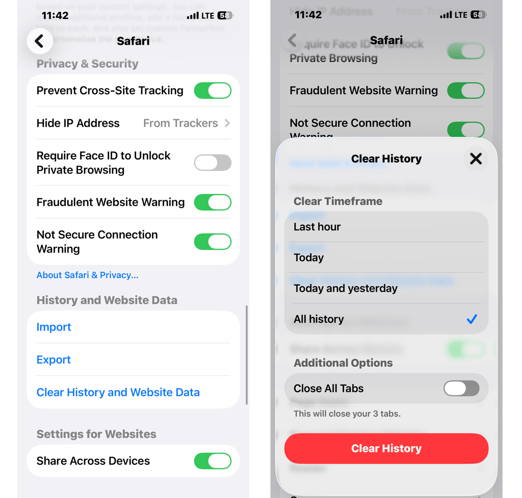 iOS clearing Safari history
