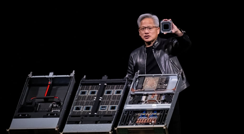 Jensen Huang, grey hair, black leather jacket, chip in hand, BlueField-4 STX Storage tray