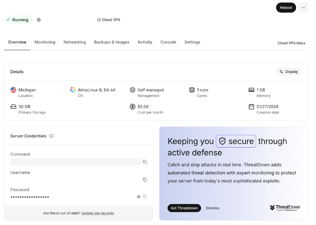Liquid Web VPS dashboard