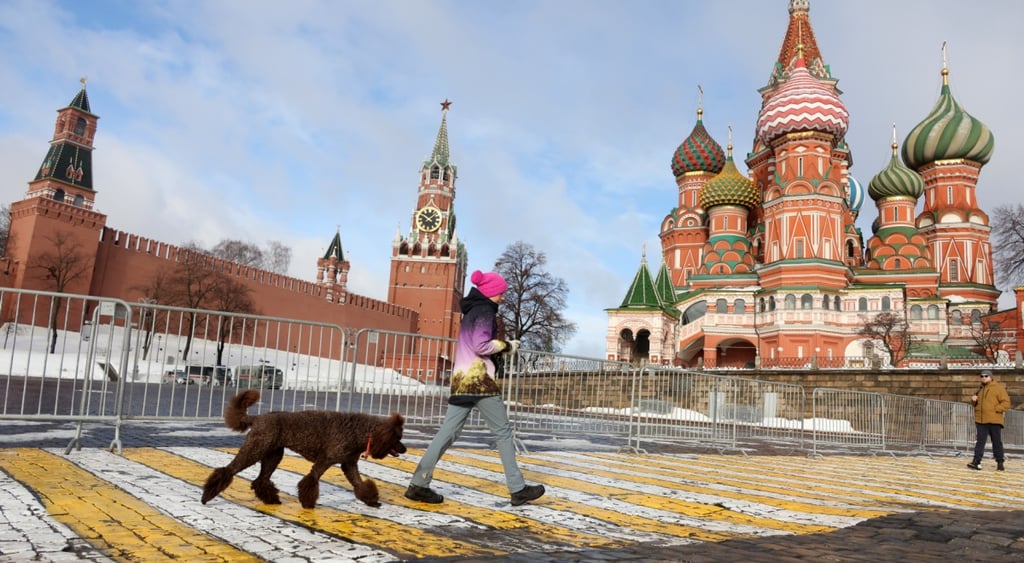 kremlin colorful towers and domes, woman, pink had, black dog, light jeans, yellow bricks