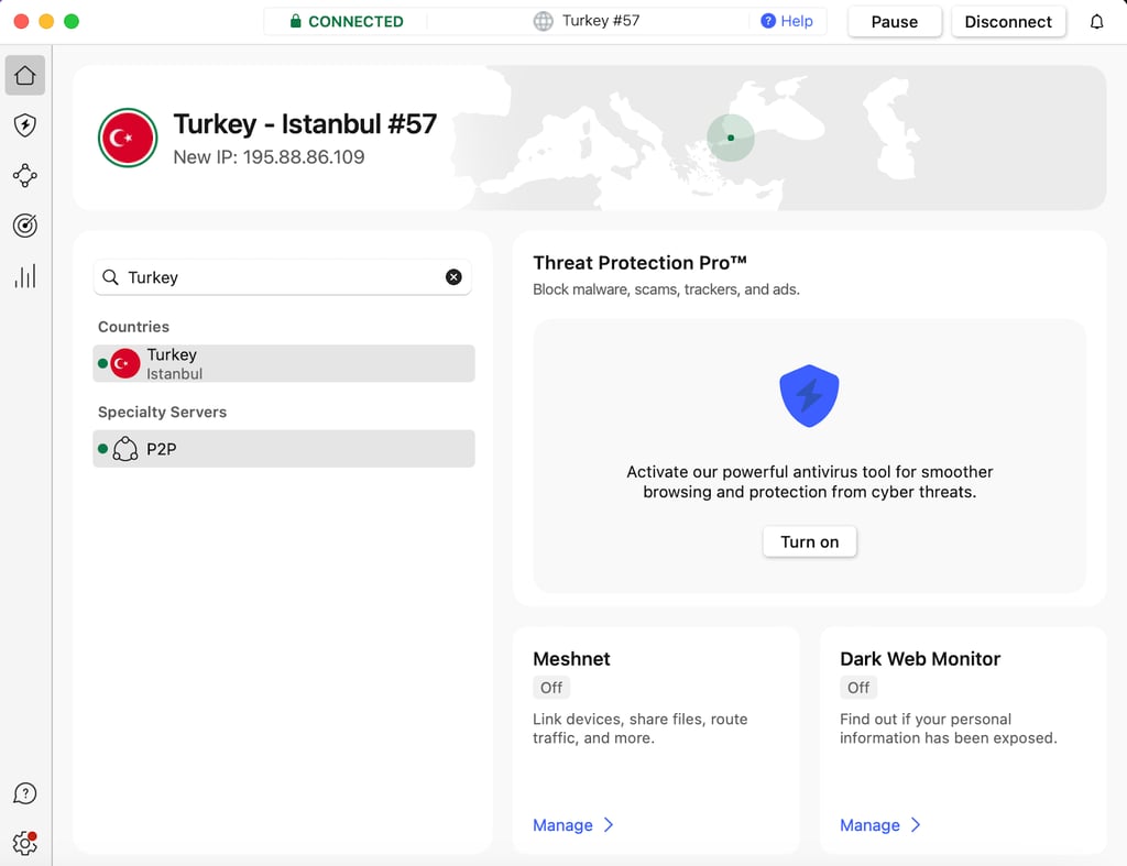 nordvpn connected to turkkey server