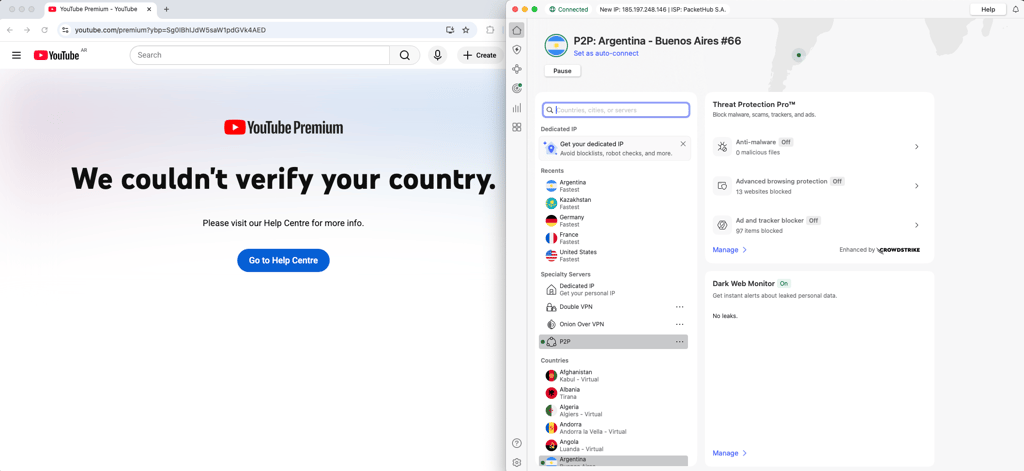 nordvpn not available youtube premium