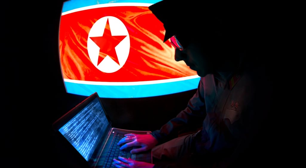 north korean hacker, flag on screen, military hat, open laptop, blue screen, numbers