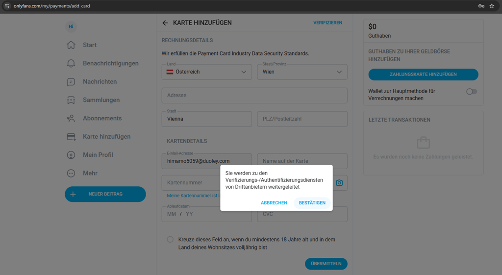Captura de pantalla de OnlyFans, enlace al proveedor externo