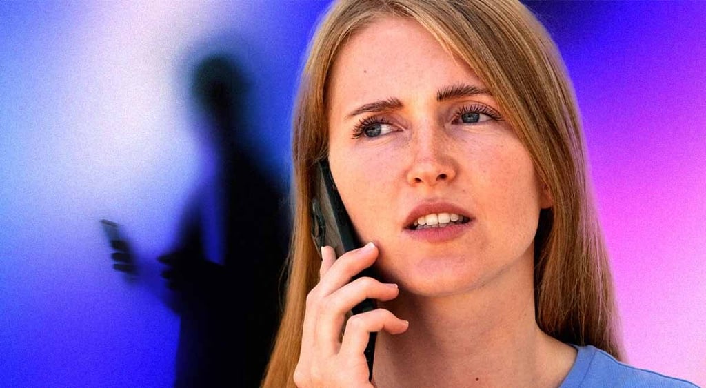 Woman with confused expression on a phone targeted by a scammer