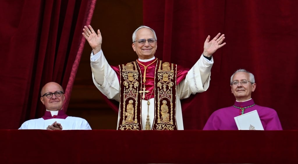 pope leo, red heavy curtains ,vatical balcony, two bishops on left and right
