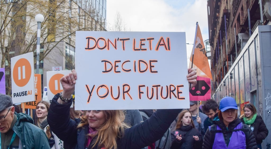 ginger woman hold protests sign in march against ai