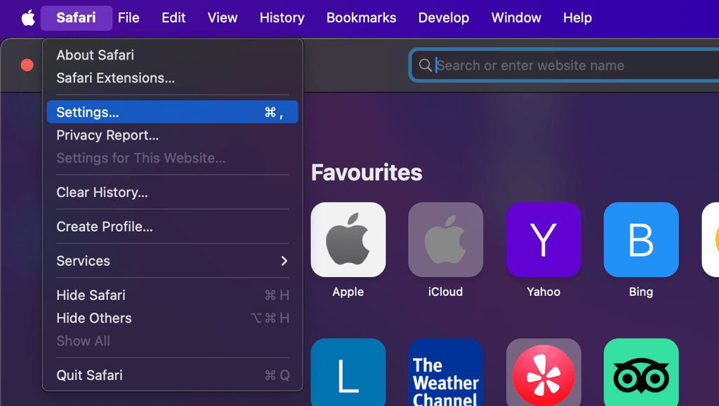 Safari settings menu display