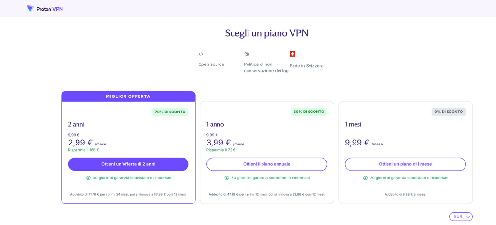 Seleziona il piano di abbonamento  (Proton VPN)