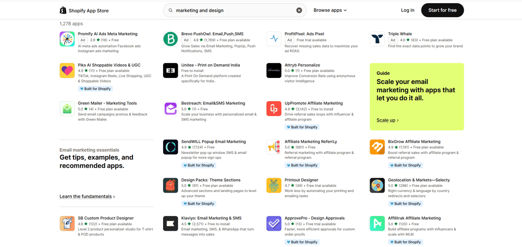 Shopify's marketplace with a focus on marketing and design integrations