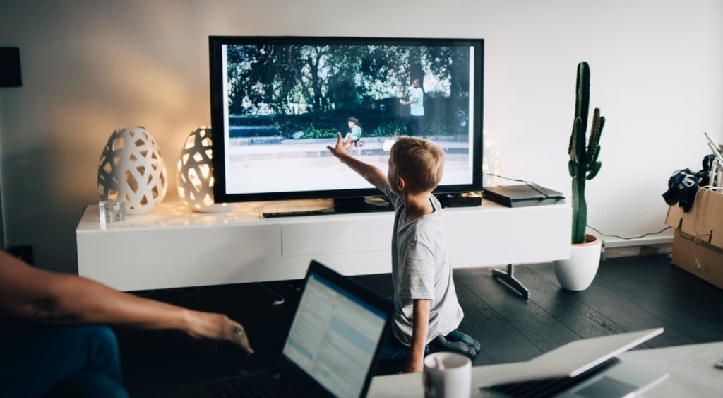 noy kneeling in front of smart tv, points to screen, living room, white wall, green cactus