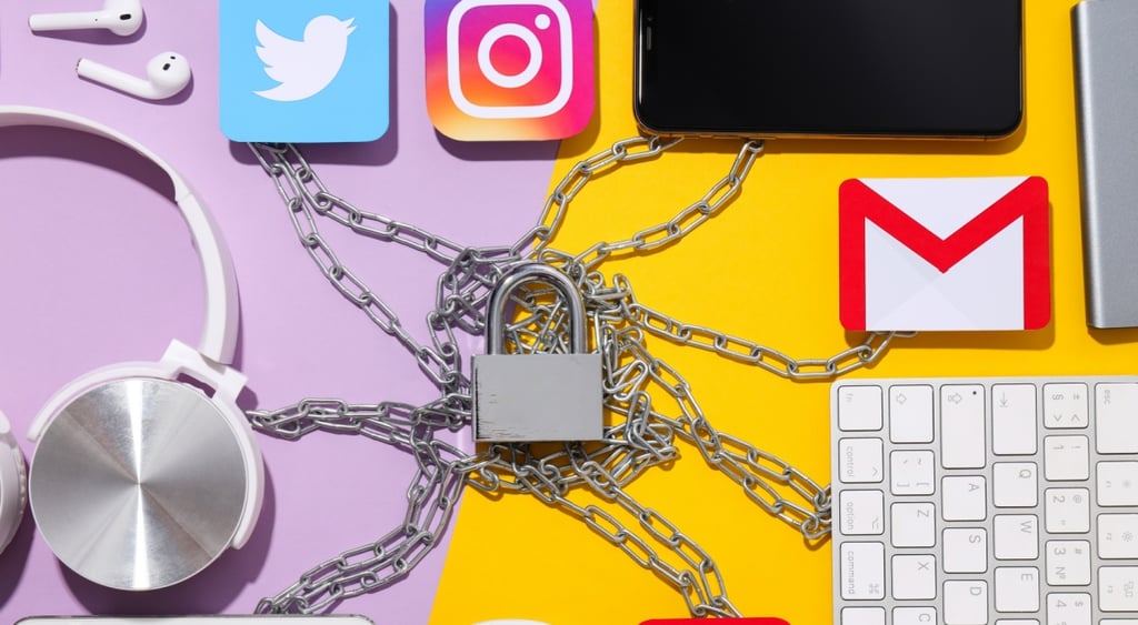 grey lock, chains, apple keyboard, gmail, instagram, twitter logo, white headpphones