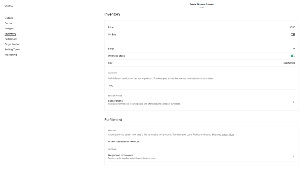 squarespaces physical product creation
