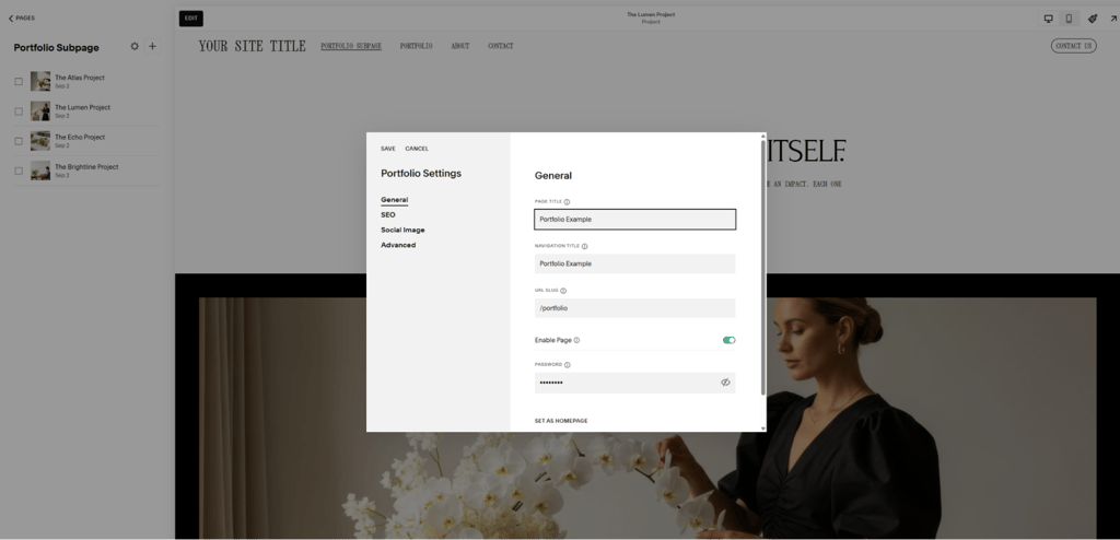 squarespaces portfolio subpage settings