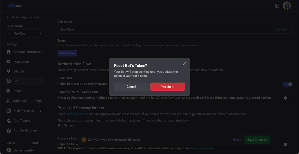 Reset Discord bot token