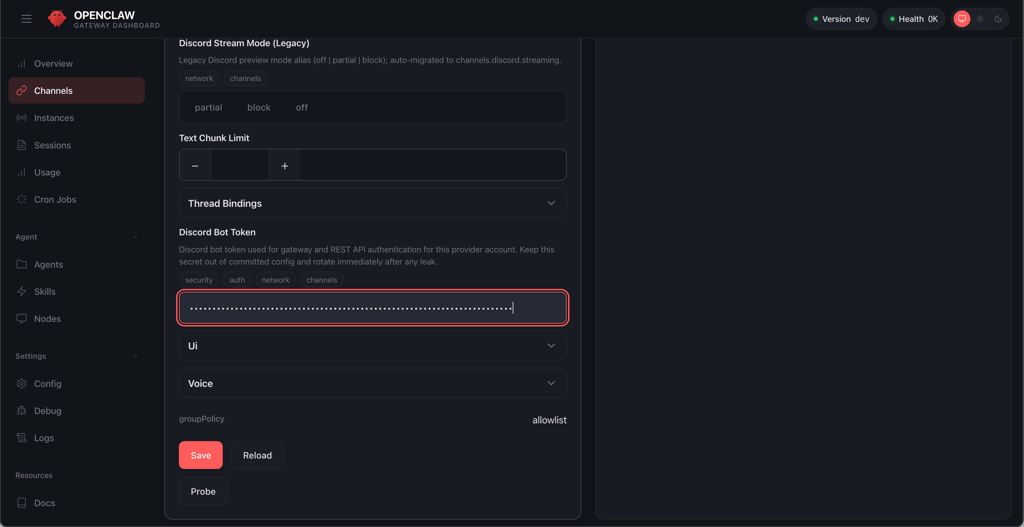 OpenClaw Discord bot token screen
