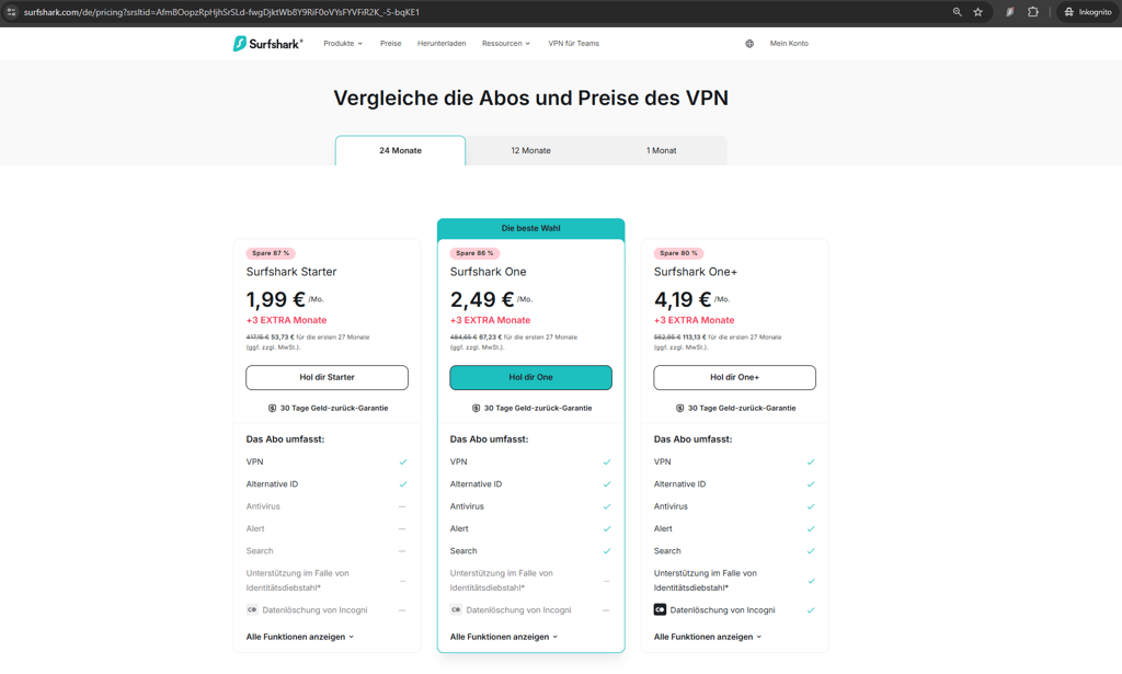 surfshark pricing page de
