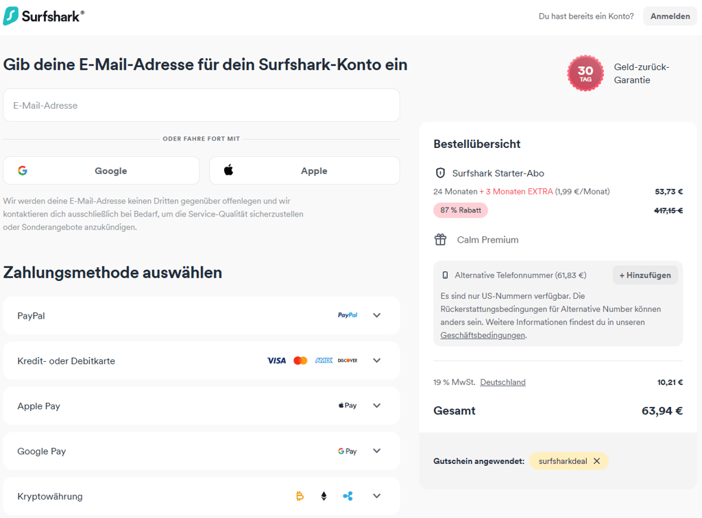 surfshark with discount coupon de