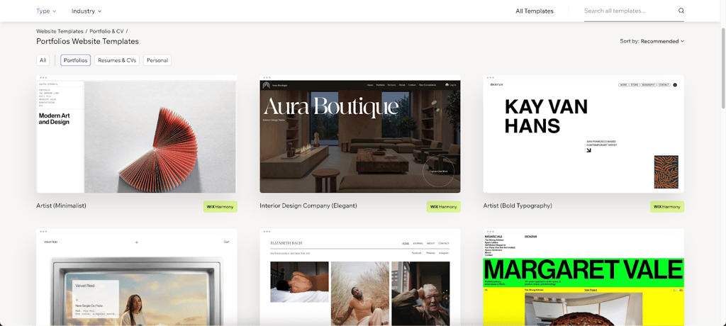 Portfolio website templates available on Wix