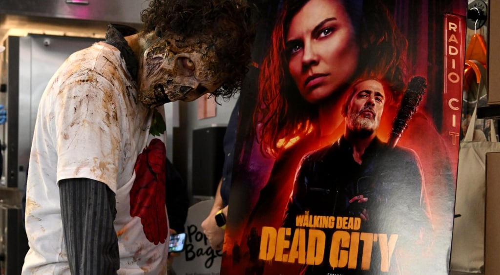 zombie, grey bloody head, bloody white shirt, posted of Dead City