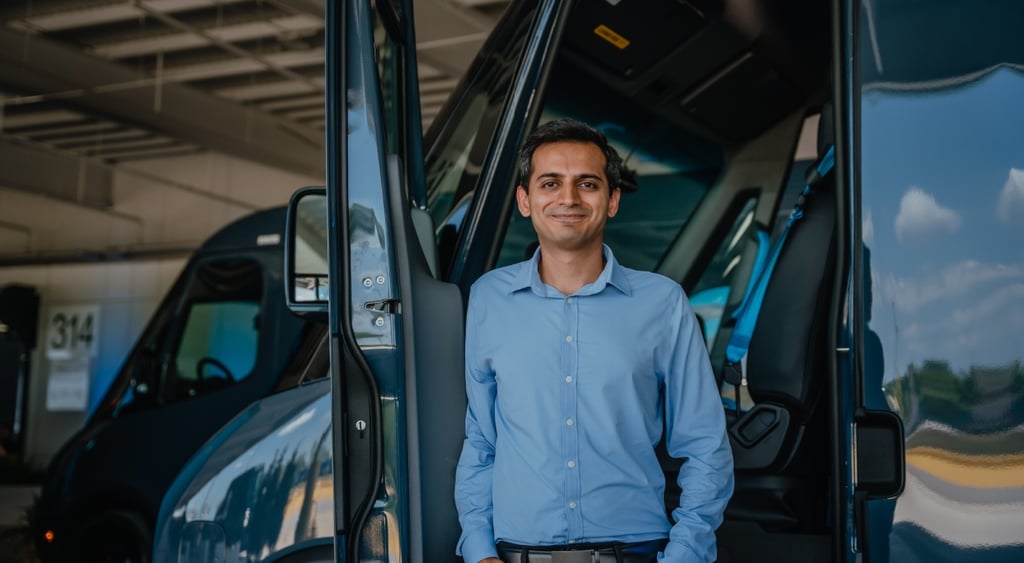 asian man, brown skin, white shirt, open dark blue delivery truck door open, black hair, smile