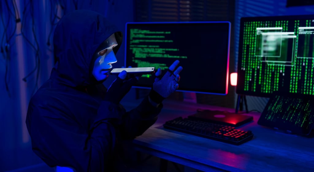 hacker, black hoody, white plastic mask on face, smartphone, two screens with green numbers, code