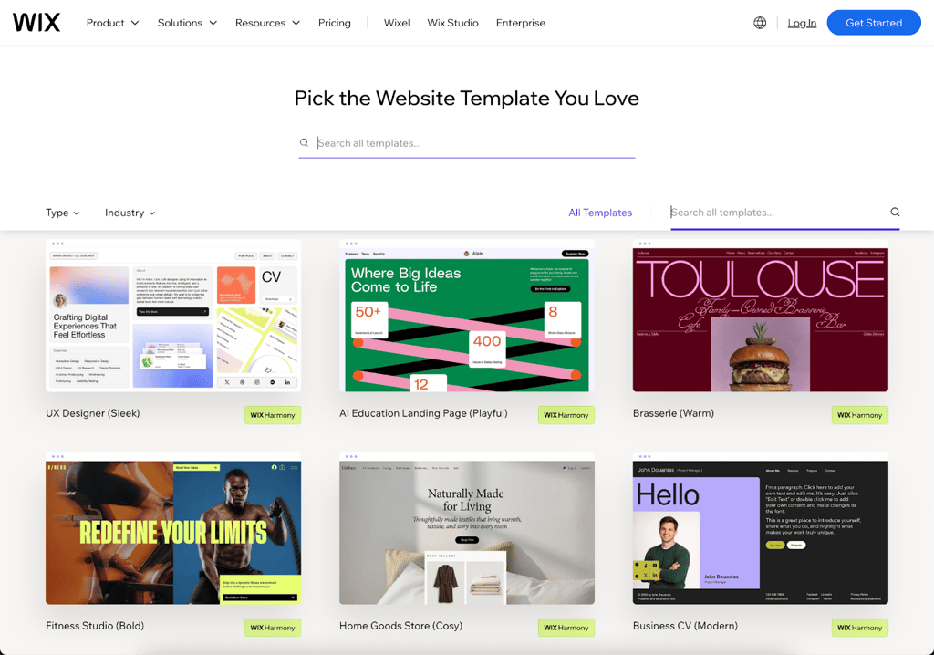 wix pick website template