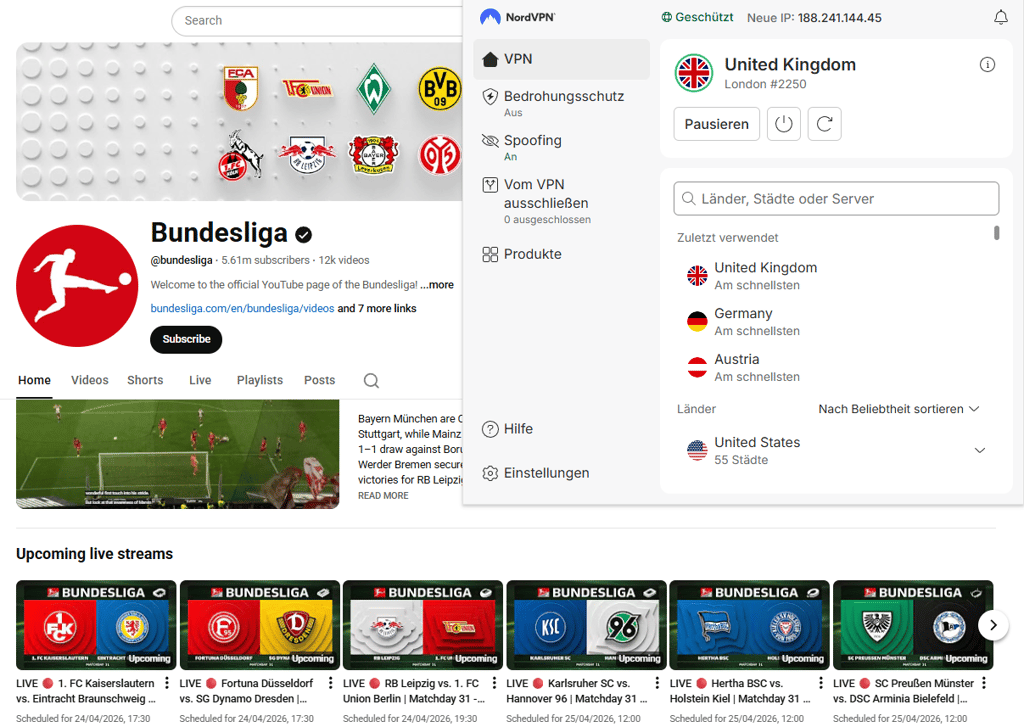 2 Bundesliga Streams bei YouTube UK mit VPN