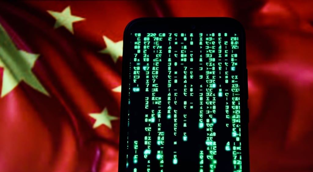 matrix green code on black smartphone screen, red china flag in the background, yellow star