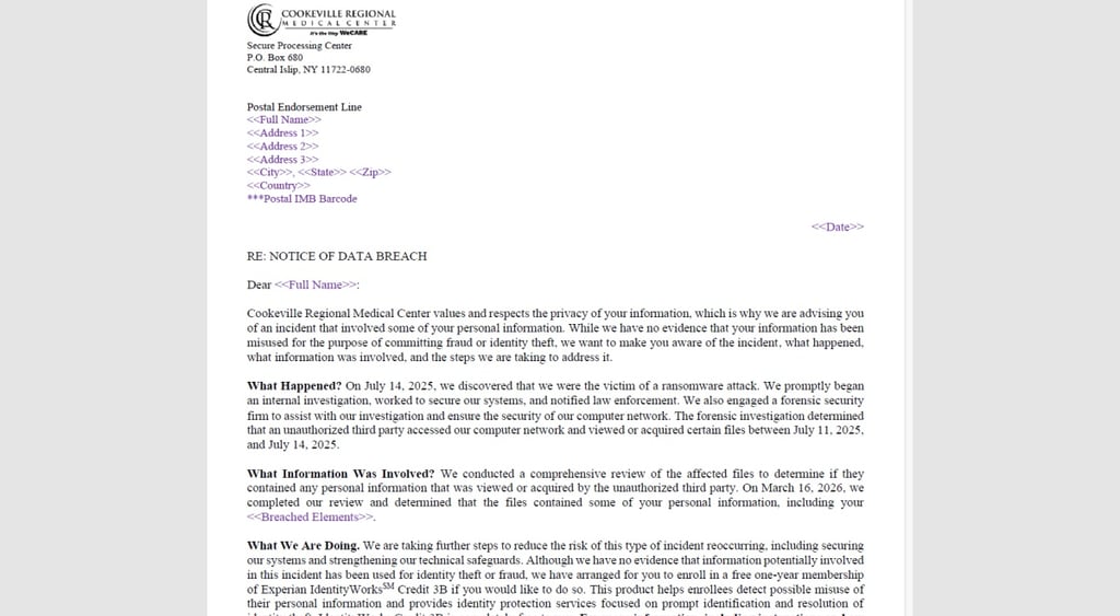 Cookeville Regional Medical Center breach notice